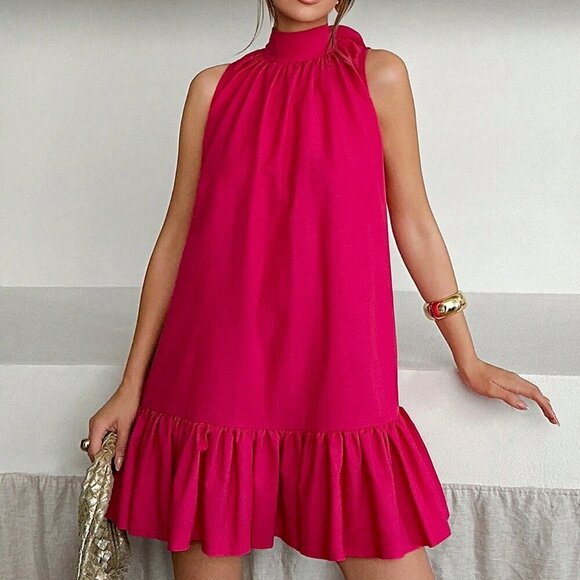 Pink Casual Women's Bow Detailed ruffled hem Mini Dress - Picture 3 of 7